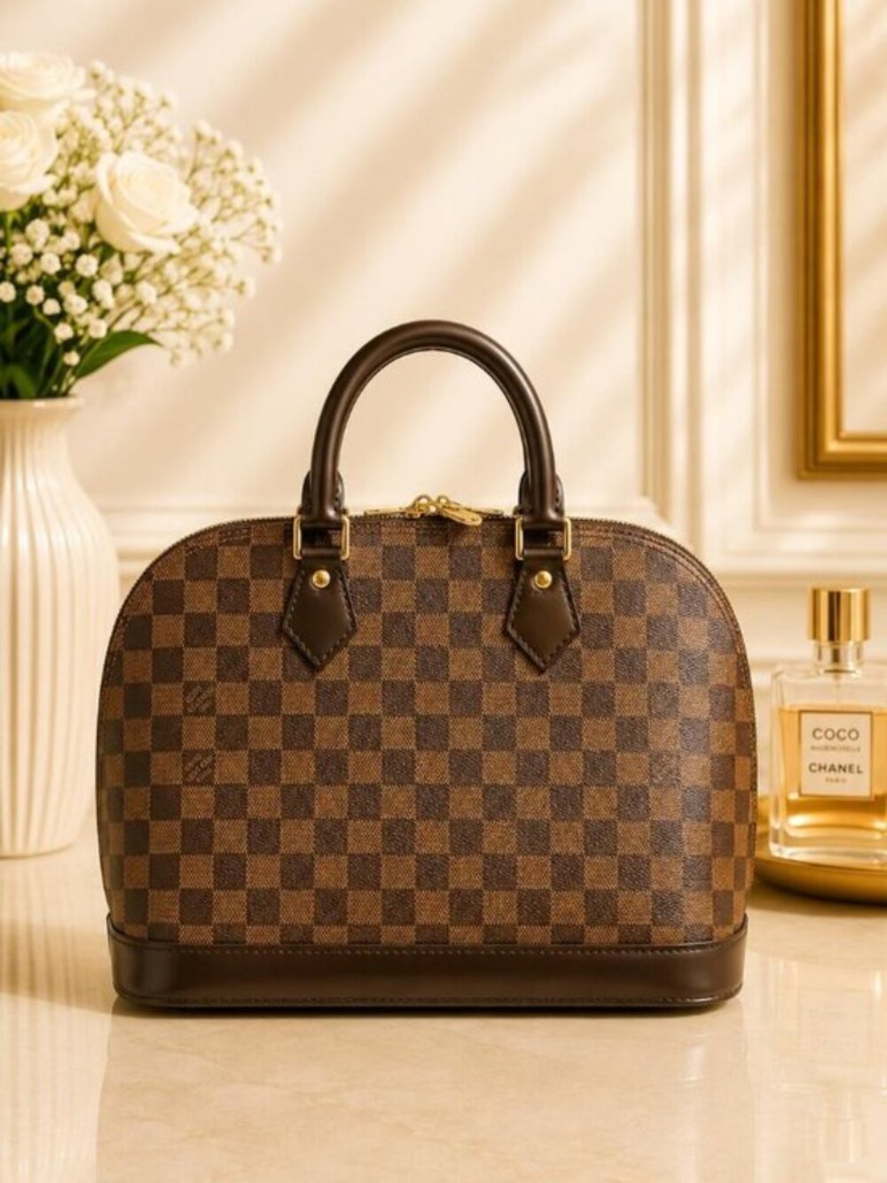 Authentic Louis Vuitton Alma Damier Ebene Satchel Top Handle Bag